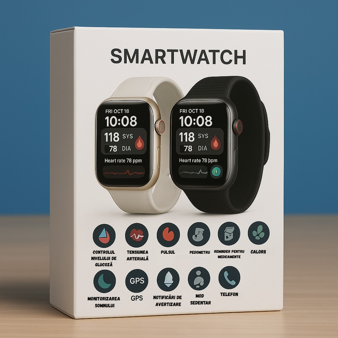 Smartwatch Y68 – Monitor Medical 3 în 1 (Glicemie, Tensiune, Risc AVC) | Meniu în română
